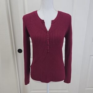 Wine Colored Long Sleeve Henley Style Sweater